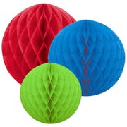 Honeycomb Decorations - Red, Blue & Green (Pack of 3)